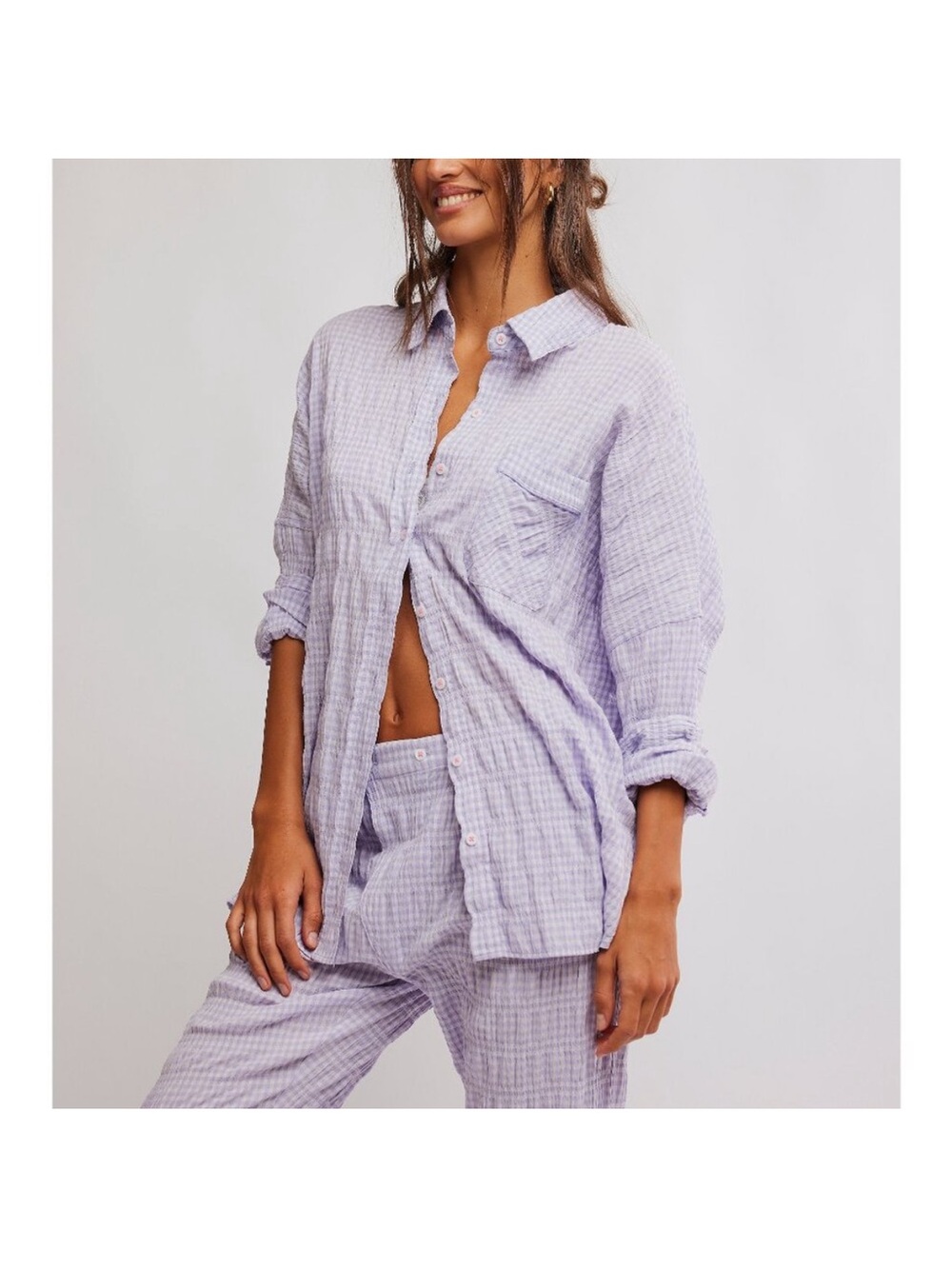 Free People Lavender Gingham Oversized Pajama Shirt